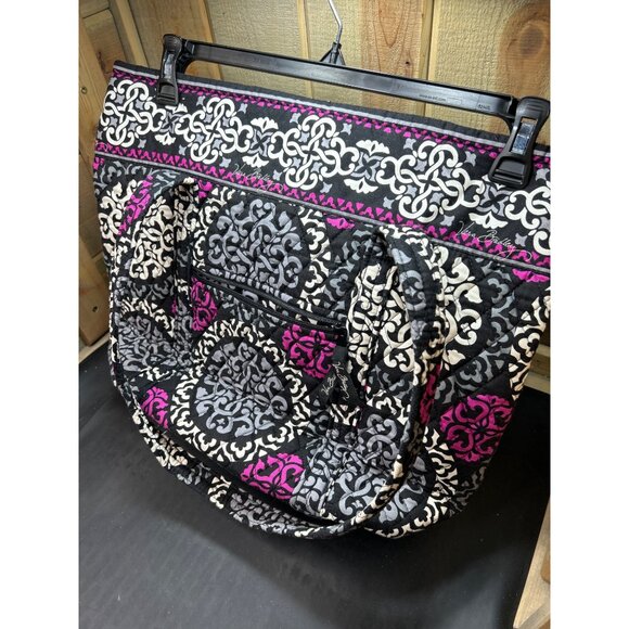 Vera Bradley Quilted Tote Bag Black Pink Gray Damask Pattern Large Shoulder Bag - Picture 4 of 11